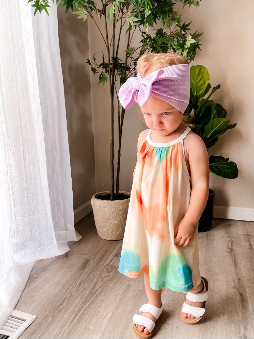 Girls' Cream Tie-Dye Tank Dress with Multicolor Accents